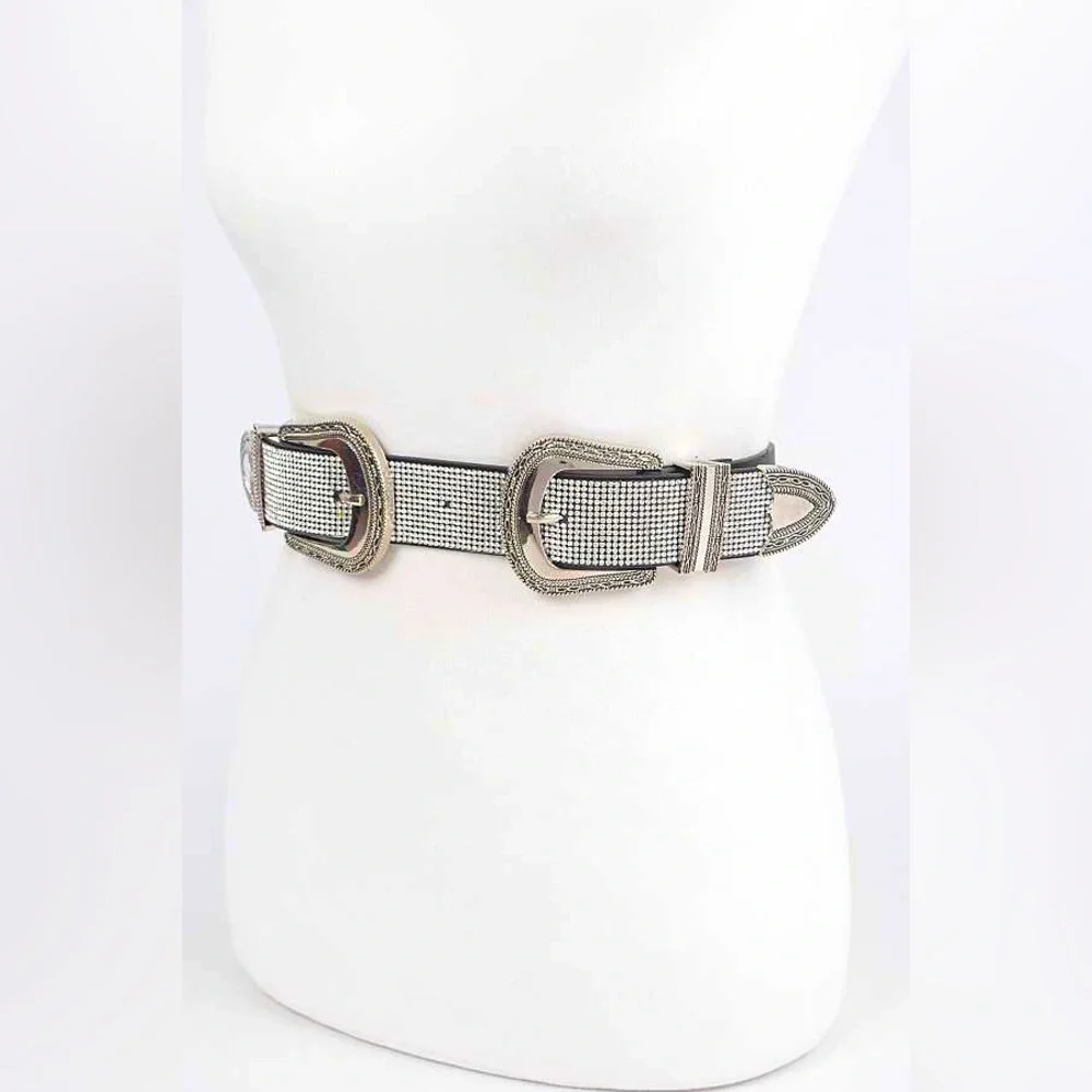 Plus Size Western Rhinestone Double Buckle Leather Statement Belt